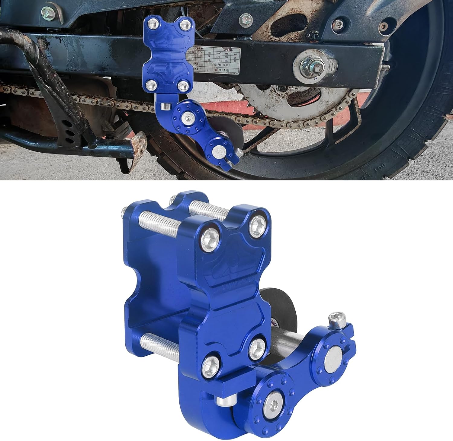 Universal Motorcycle CNC Aluminum Chain Adjuster Tensioner - Automatic Roller Tool for Motocross, Chopper, ATV & Dirt Bike (Blue)