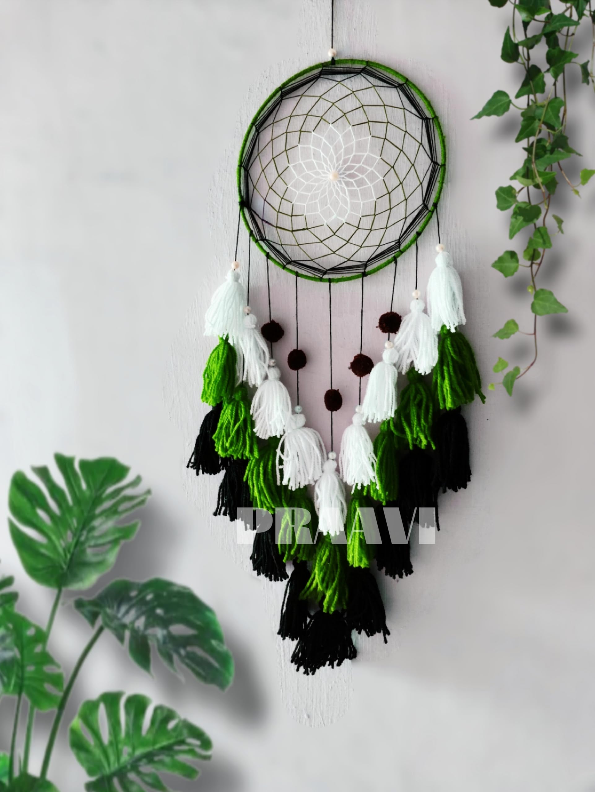 Large Handmade Dream Catcher Wall Hanging (20 cm Ring, 50 cm Length) | Green White Black Boho Dreamcatcher | Lucky Charm & Evil Eye Protector | Home Decor for Living Room, Bedroom-image-30