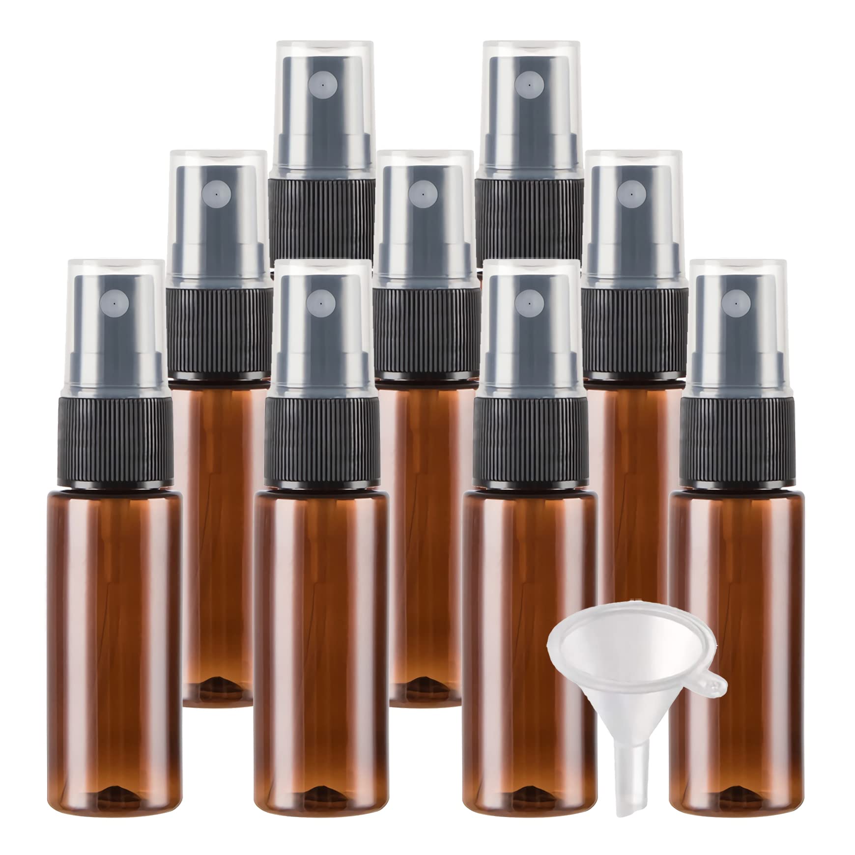 TIANZD 100 Stück Klein Leere Braun 20 ml Kunststoff Sprühflasche mit Schwarz Zerstäuber Flasche, 20ml Feinen Nebel Pumpzerstäuber Parfümzerstäuber Zerstäuberflasche Reise Flakons, 4x Trichter