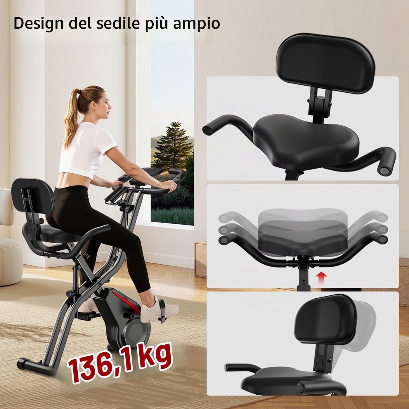 Mengmiao Cyclette Pieghevole 5 in 1 per Casa – Bici Statica con 8 Livelli di Resistenza Magnetica, Display LCD, Bande Elastiche, Sedile con Schienale, Portata 136 kg