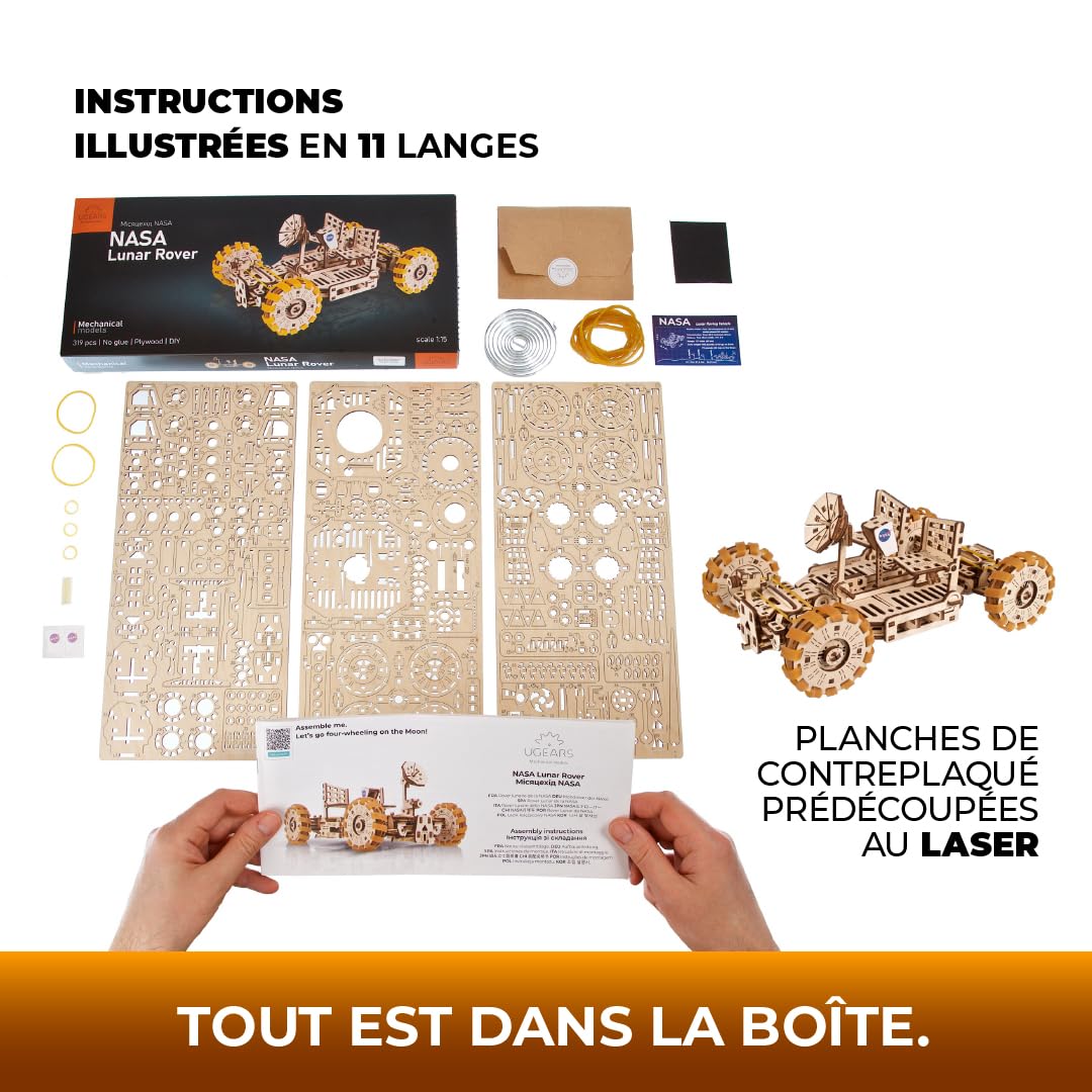 Kit de modèle Ugears NASA Lunar Rover - Casse-têtes mécaniques en Bois 3D pour Adultes à Construire - Cadeaux spatiaux pour Adolescents - Kits de modèles spatiaux Officiels de la NASA