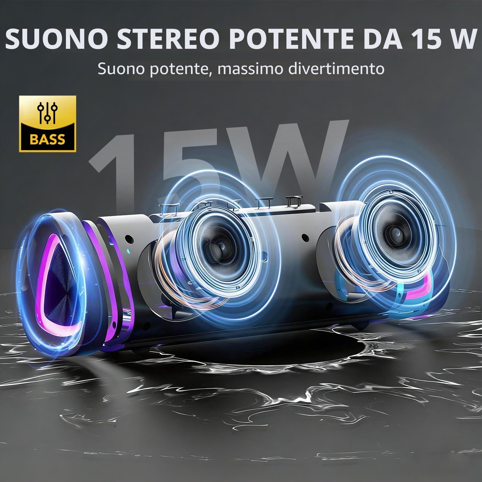 Cassa Bluetooth Portatili senza fili con luce LED, Display Digitale Intelligente+Smart EQ, Altoparlante Bluetooth Bassi Potente, Bluetooth 5.4, Speaker da Esterno per Viaggi, Sport, Feste, Ciclismo