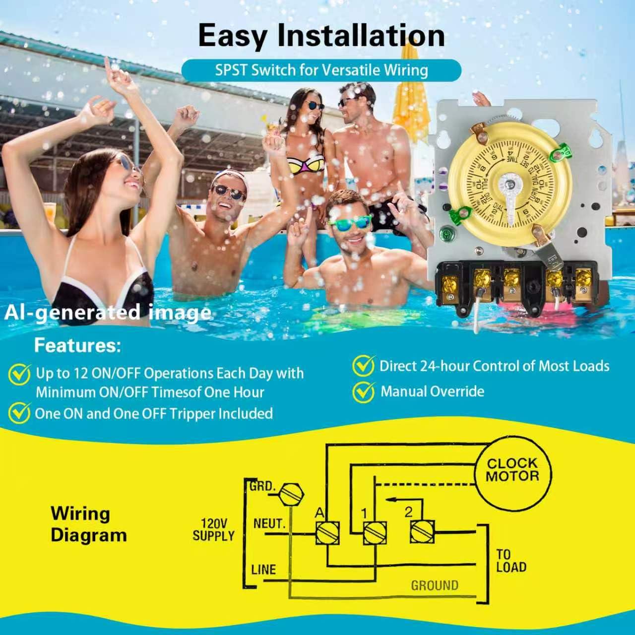 T104 Electromechanical Timer Switch 208-277V AC 40A DPST 5HP | Heavy Duty Pool Timer with 12 ON/OFF Cycles and Tripper Included for Lights, Fans and HVAC