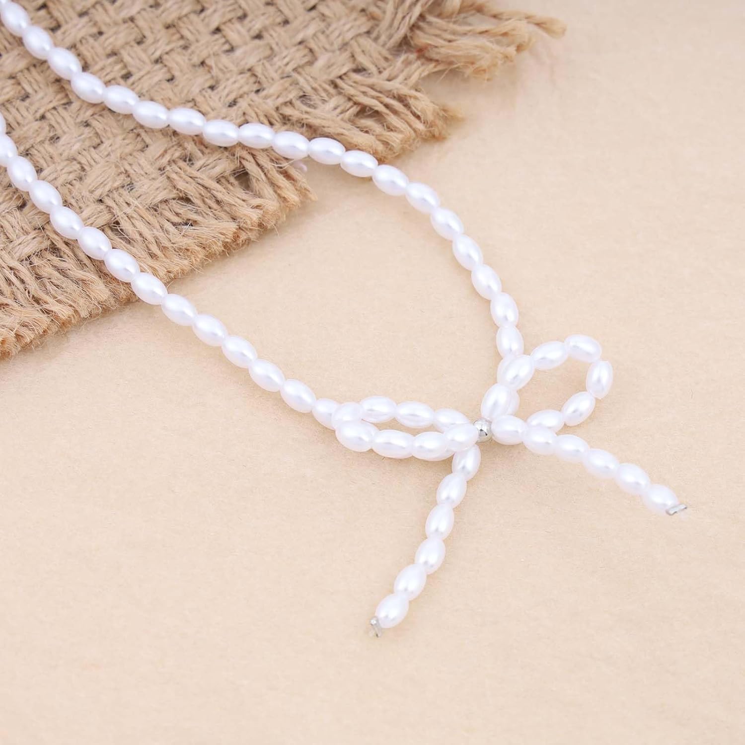 Andelaisi Boho Pearl Choker Necklace Vintage Pearl Bow Pendant Necklace White Beaded Pearl Necklace Short Pearl Chain Necklace Jewelry for Women - Image 4