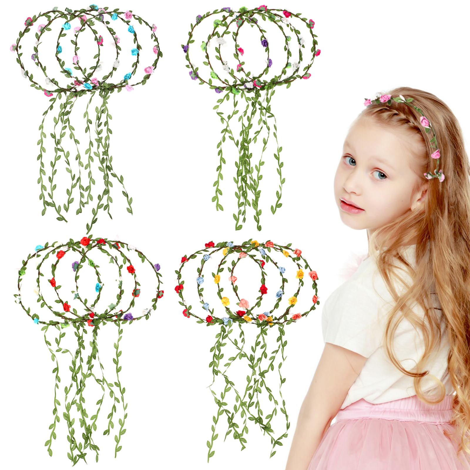 MAQUITA 16Pcs Assorted Colored Flower Crown Wreath Flower Crowns for Women Girl Headband Floral Garland Headbands Floral Crown Headband Green Leaves Headpiece Fairy Party Wedding Holiday Fairy Party