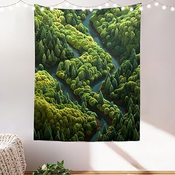 Batmerry Lush Foliage Meandering Stream Tapestry, Serene Environment Natural Beauty Wall Hanging Decoration Polyester Fiber White Ruffled Around for Dorm Room Bedroom Living Room, 59.1x51.2 inches