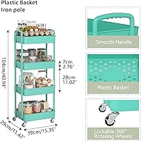 Vista 2 de Sywhitta Carrito utilitario de plástico de 4 niveles con asa, carrito de almacenamiento multifuncional para oficina, sala de estar, cocina, Verde