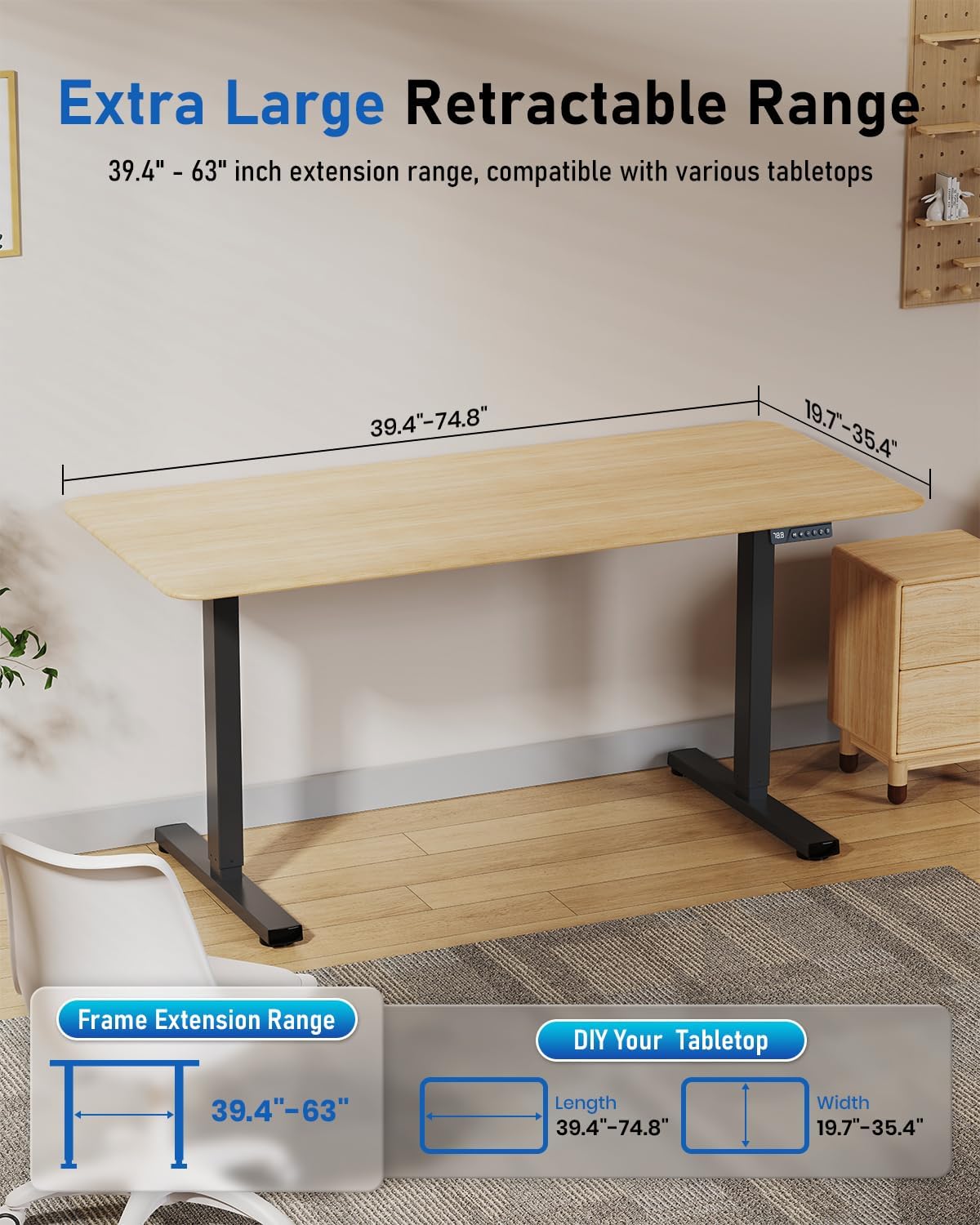 264 lbs Capacity Dual Motor Electric Standing Desk Frame, Height Adjustable Sit Stand up Desk Legs for 39.4” to 74.8” Desktop, Anti-Collision Function, Cable Tray, 2 Hooks, Black Frame Only