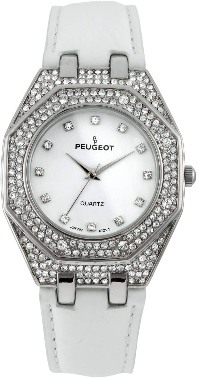 Peugeot Womens Boyfriend Wrist Watch with Crystal Bezel and Matching Leather Color Band Strap