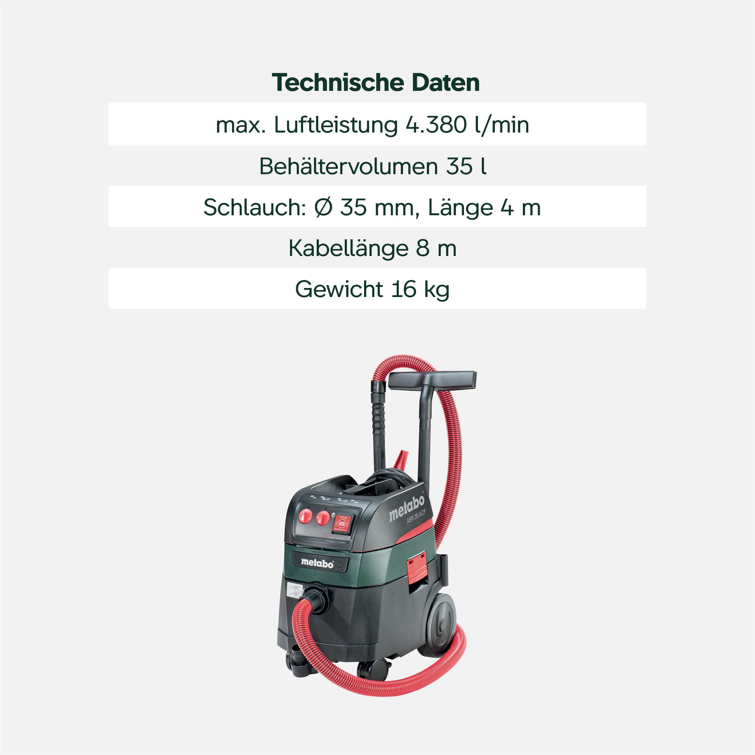 metabo Allessauger ASR 35 H ACP, 1400 W Nass- und Trockensauger, 35 l | Staubklasse H Industriesauger, AutoCleanPlus, 4380 l/min, inkl. HEPA-Filter, Schlauch, Düsen und PE-Entsorgungsbeutel