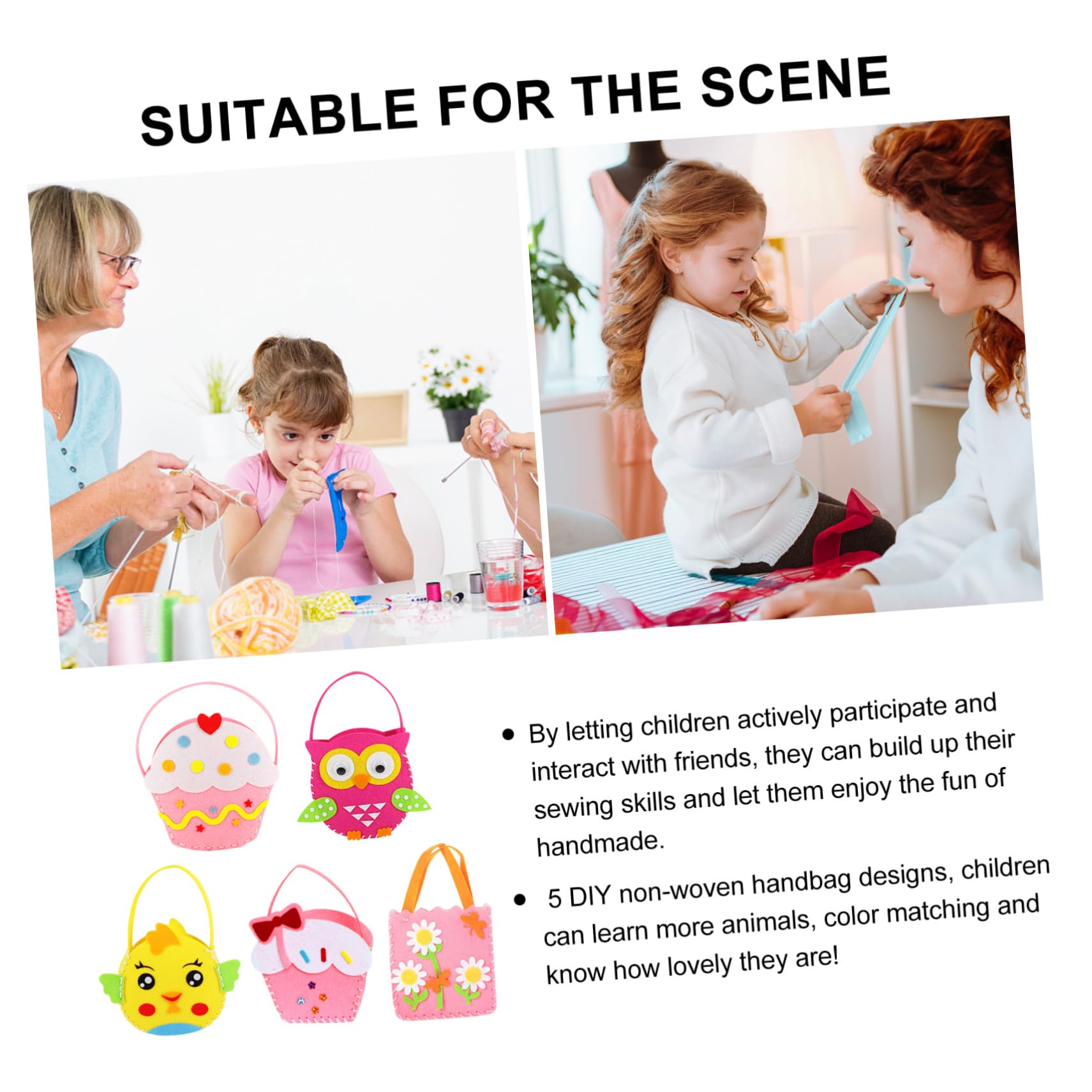 Uonlytech 5 set Kit Cucito Borse in Non Ecologico DIY Borsa Te con Motivi Colorati e Sicuri Attività Manuale per Ragazzi e Ragazze Facile e Divertente per Imparare Cucire