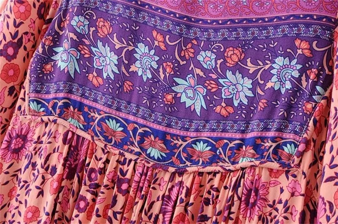Vestido largo midi de rayón bohemio con estampado floral y cuello en V y manga larga con borlas para mujer