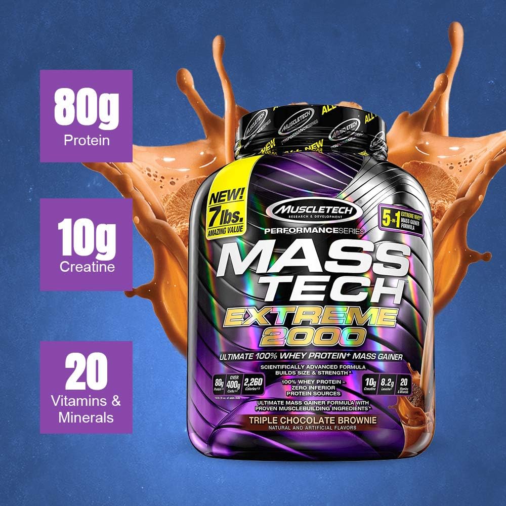 Mass Gainer Protein Powder | MuscleTech Mass-Tech Extreme 2000 | Muscle Builder Whey Protein Powder | Protein + Creatine + Carbs | Max-Protein Weight Gainer for Women & Men | Chocolate, 7 lbs : Everything Else