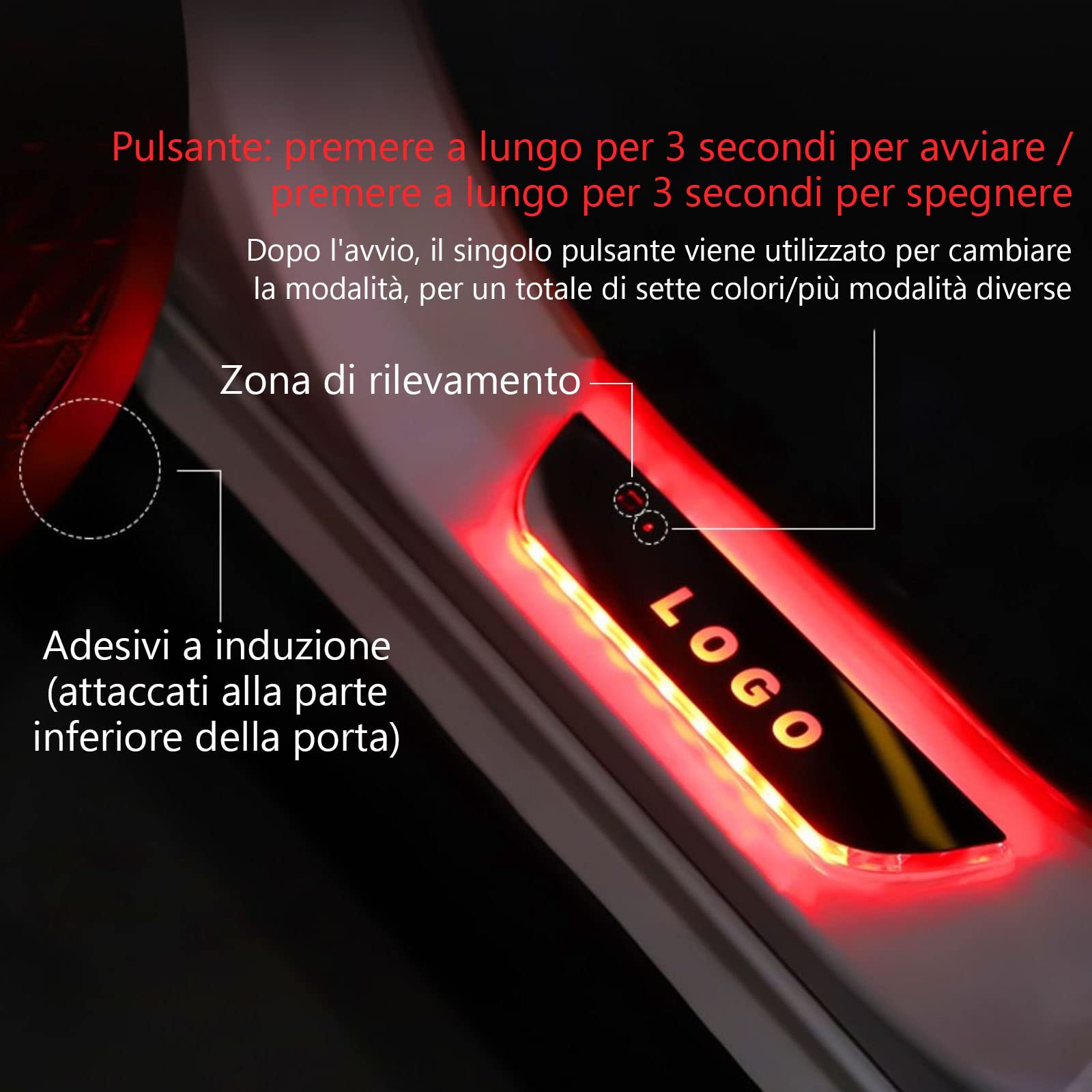 Listelli Battitacco LED Per Auto - Personalizzabili Con Logo, 7 Colori, Ricarica USB, Induzione Magnetica - Foto 6