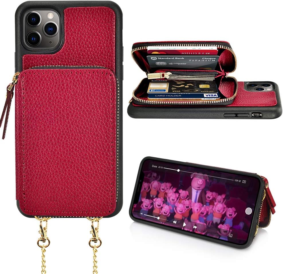 LAMEEKU Wallet Case Compatible with iPhone 12 Pro Max, Zipper Leather Case with Cards Slots Handbag Purse Crossbody Lanyard Chain, Protective Cover Design for iPhone 12 Pro Max 6.7'' - Wine Red