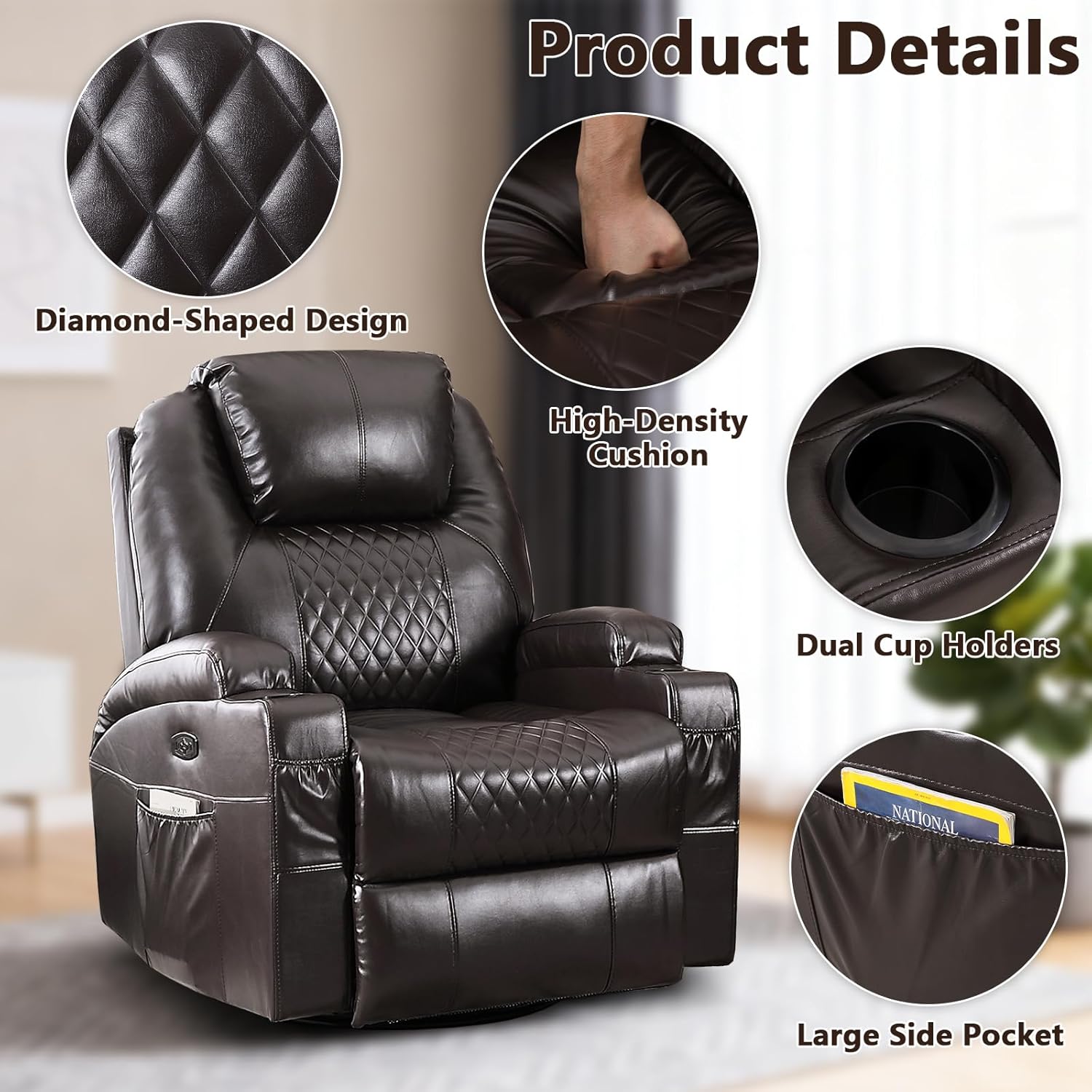 AHMED Power Swivel Rocker Recliner Chair for Adults, Power Glider Rocking Chairs with Massage & Heat, 270° Swivel Rocking Chair with Cup Holders/USB & Type-C Ports/LED Lights for Living Room, Brown