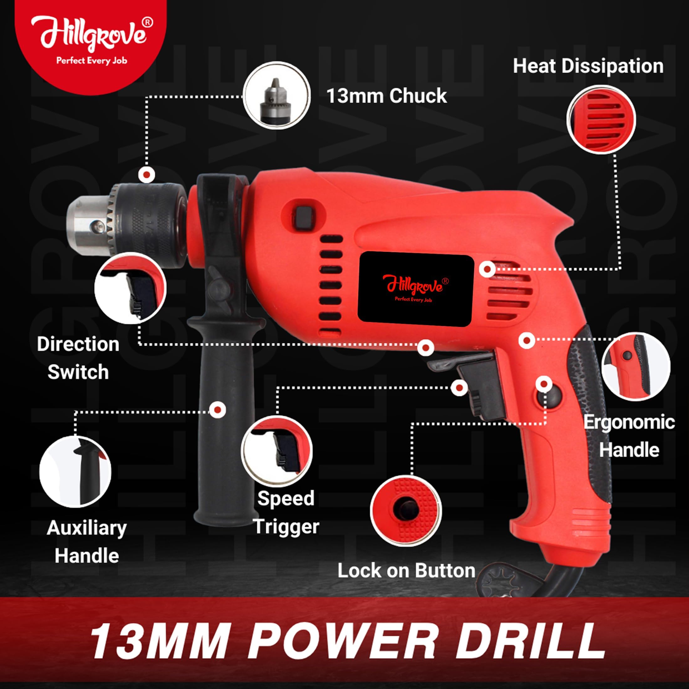 Hillgrove Drill Machine - 700W Power & 9 Drill Bits -2