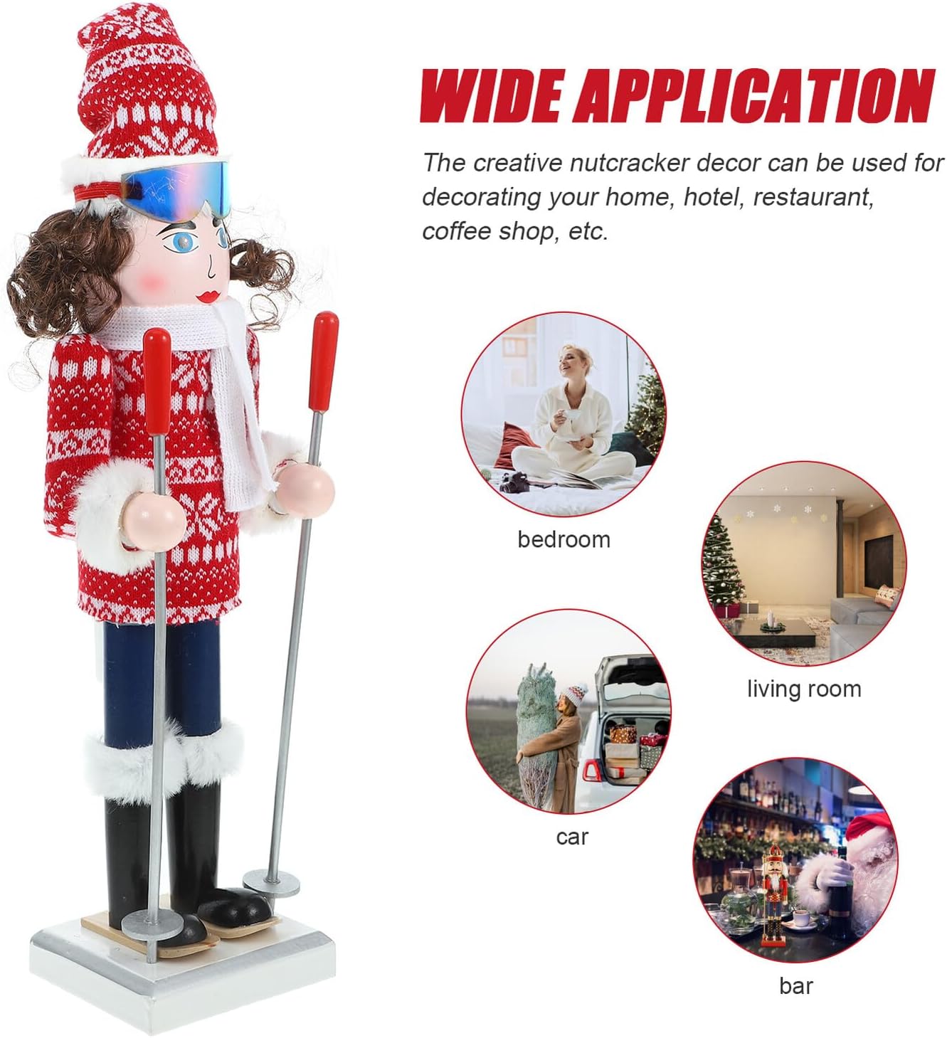 Wooden Nutcracker Figurine with White Scarf, 38cm Skiing Girl Christmas Nutcracker Decor for Desktop Seasonal Holiday Ornament