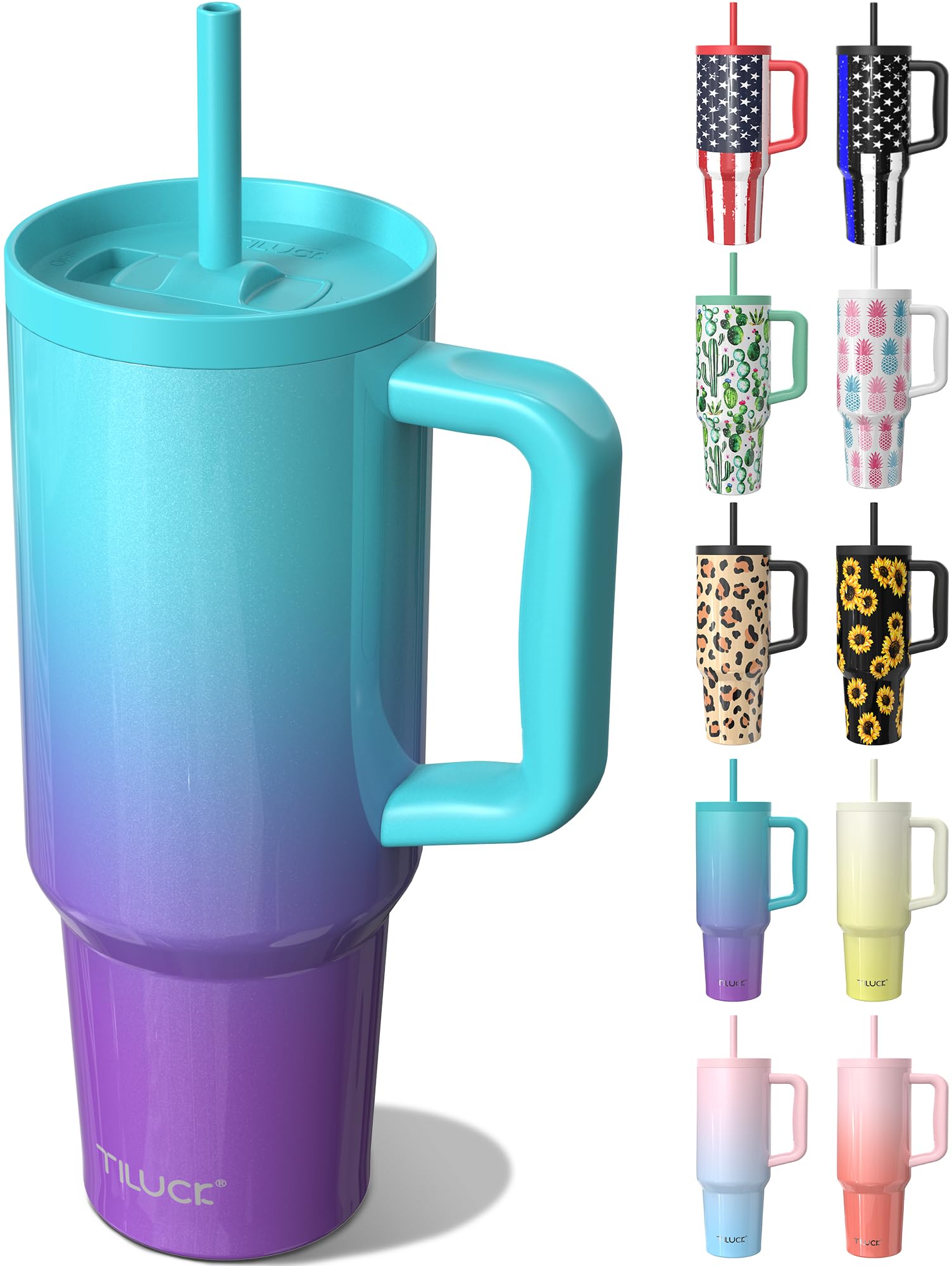 TILUCK40 oz Tumbler with Handle and Straw Lid, Leak-Proof Cupholder Friendly Travel Mug, Stainless Steel Double Wall Vacuum Insulated Tumbler for Water, Iced Coffee or Tea (BluePurple)