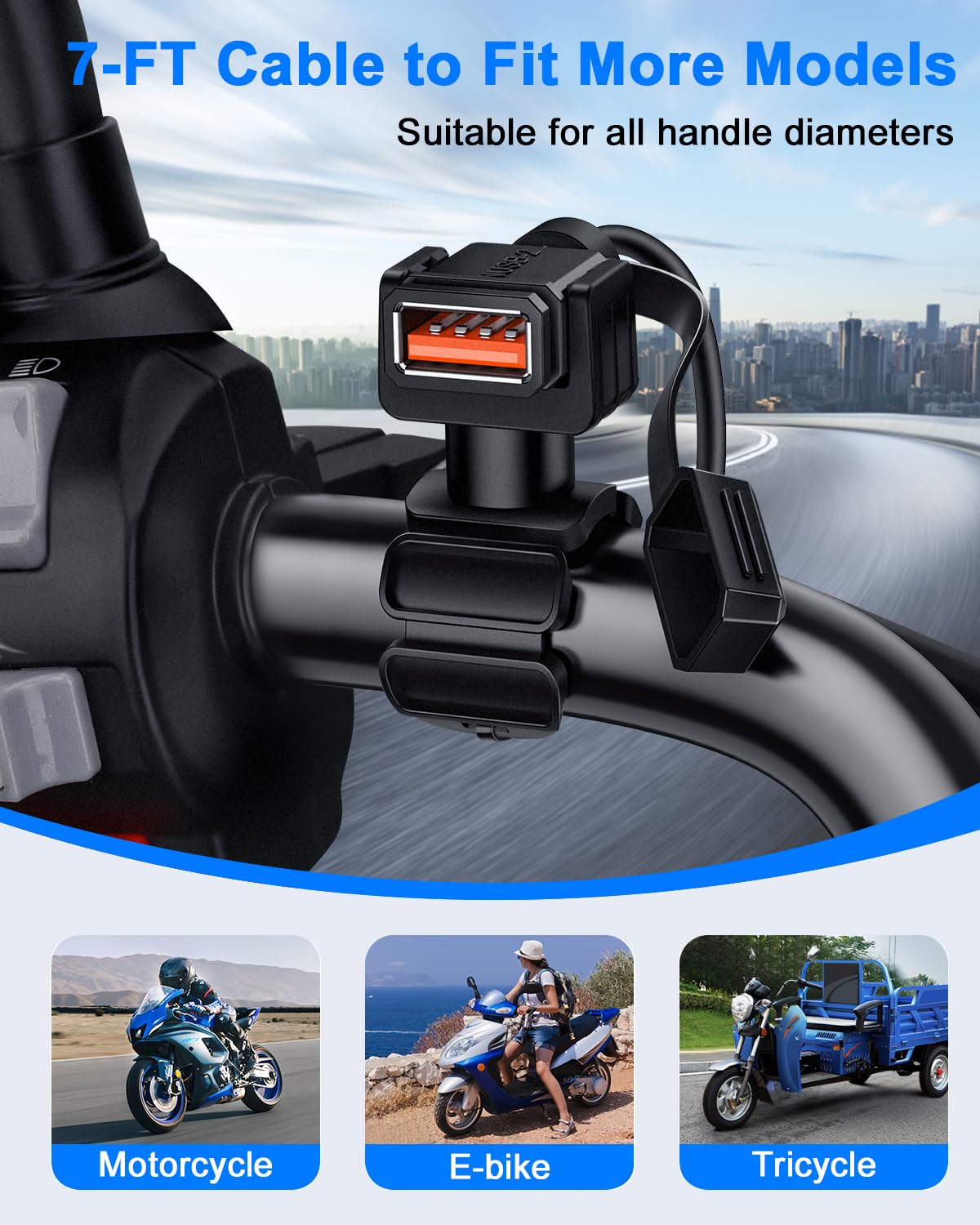 EXTRACTME 7FT Cable Motorcycle Phone Charger, 36W Dual USB A QC 3.0 Motorcycle USB Charger with Smart Charging Protection, Waterproof SAE to USB Charger Adapter for ATV, Dirt Bike, RV etc.