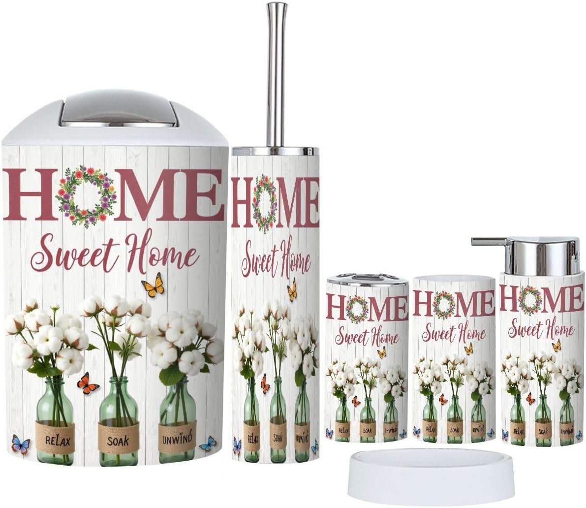 Bathroom Accessories Set 6 Pcs Highland Cow Bathroom Decor Rustic Western Wood Sign Long Horns Shaggy Toothbrush Holder Cup Soap Dispenser Soap Dish Toilet Brush Holder Trash Can for Countertop Decor