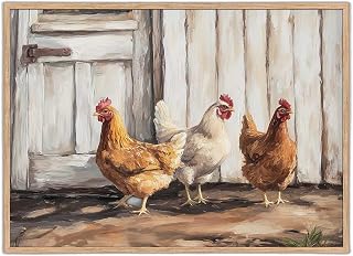 Chickens Oil Painting Farmhouse Wall Art Print with Rustic Vintage Look, Bird Portraits Farm Animal Decor for Kitchen Living Room
