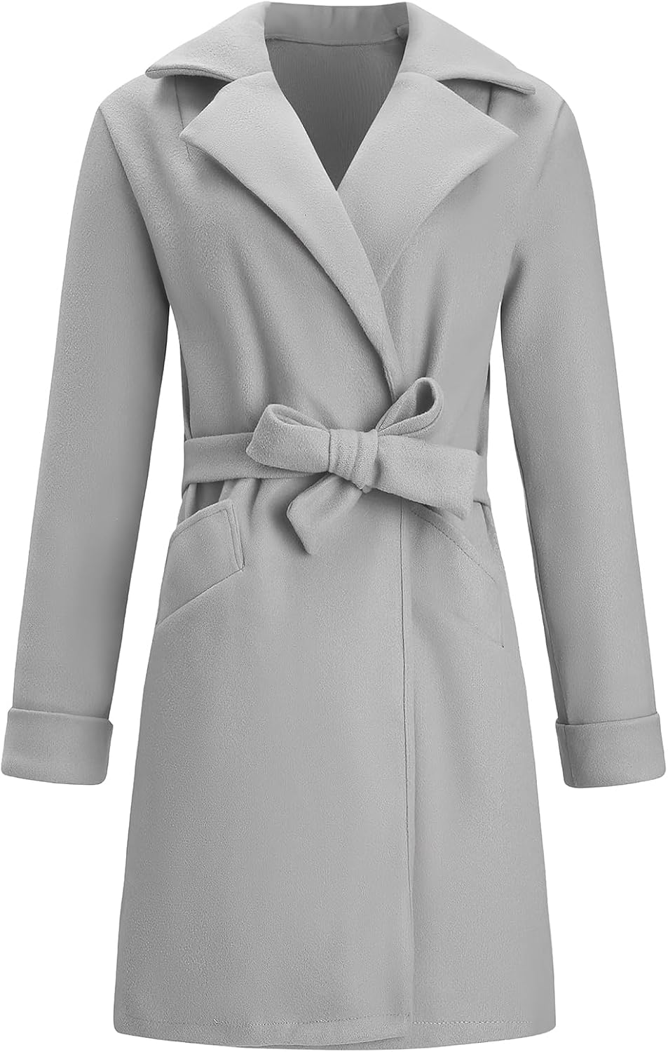 ebossy Women's Notched Lapel Wool Blend Pea Coat Elegant A-Line Tied Up Mid Long Trench Coat with Belt