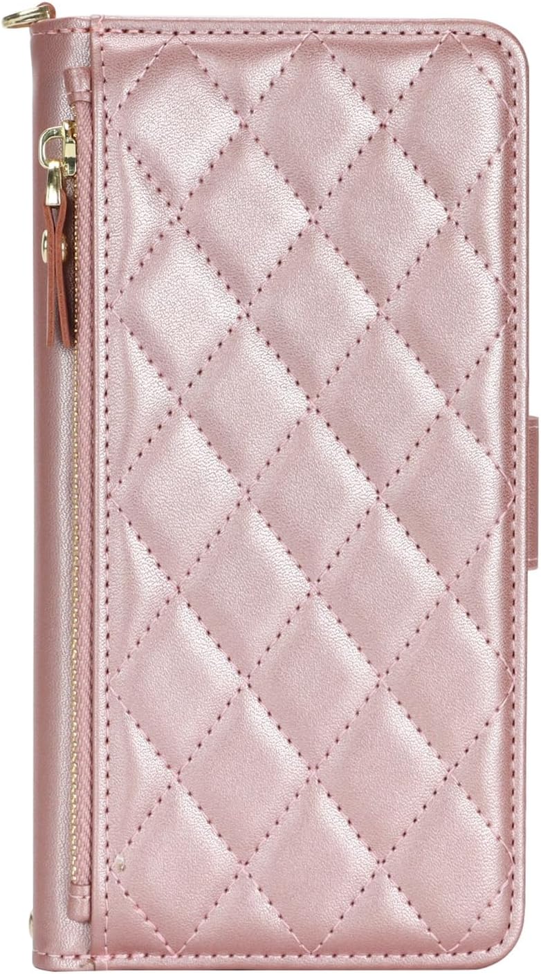 Jaorty for iPhone 13/14 Phone Case Wallet with Crossbody Strap, Shoulder Necklace Lanyard,flip Cover PU Leather, Rhombus for Women Men, Zipper Pocket, Kickstand, Card Holder, 6.1" Rosegold