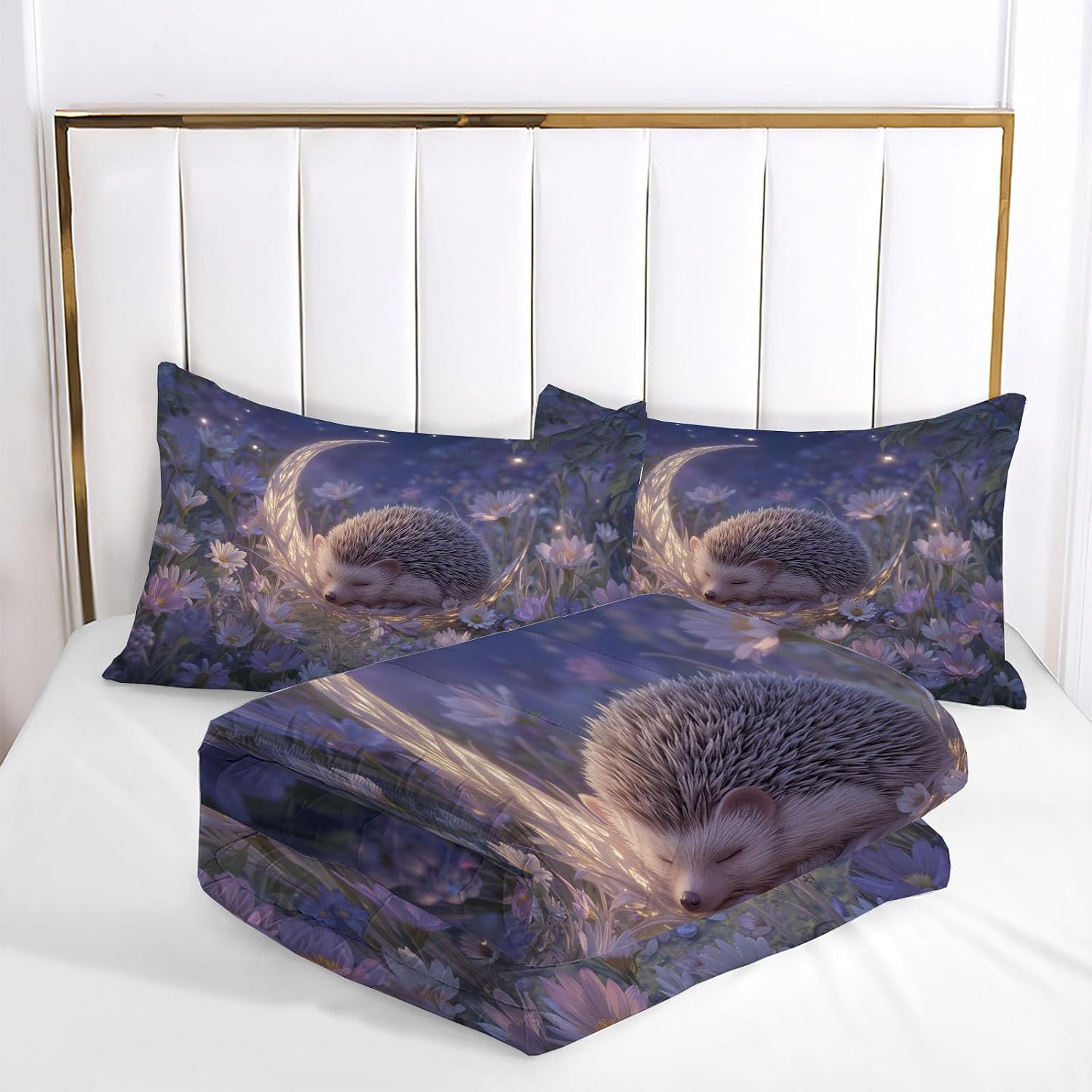 Kids 104" x 90" Coverless Duvet for All Seasons, Reversible Washable 3 Quilt with New Moon Flowers Patterns, Blue Comforter with 2 Pillowcases 50x75cm, King