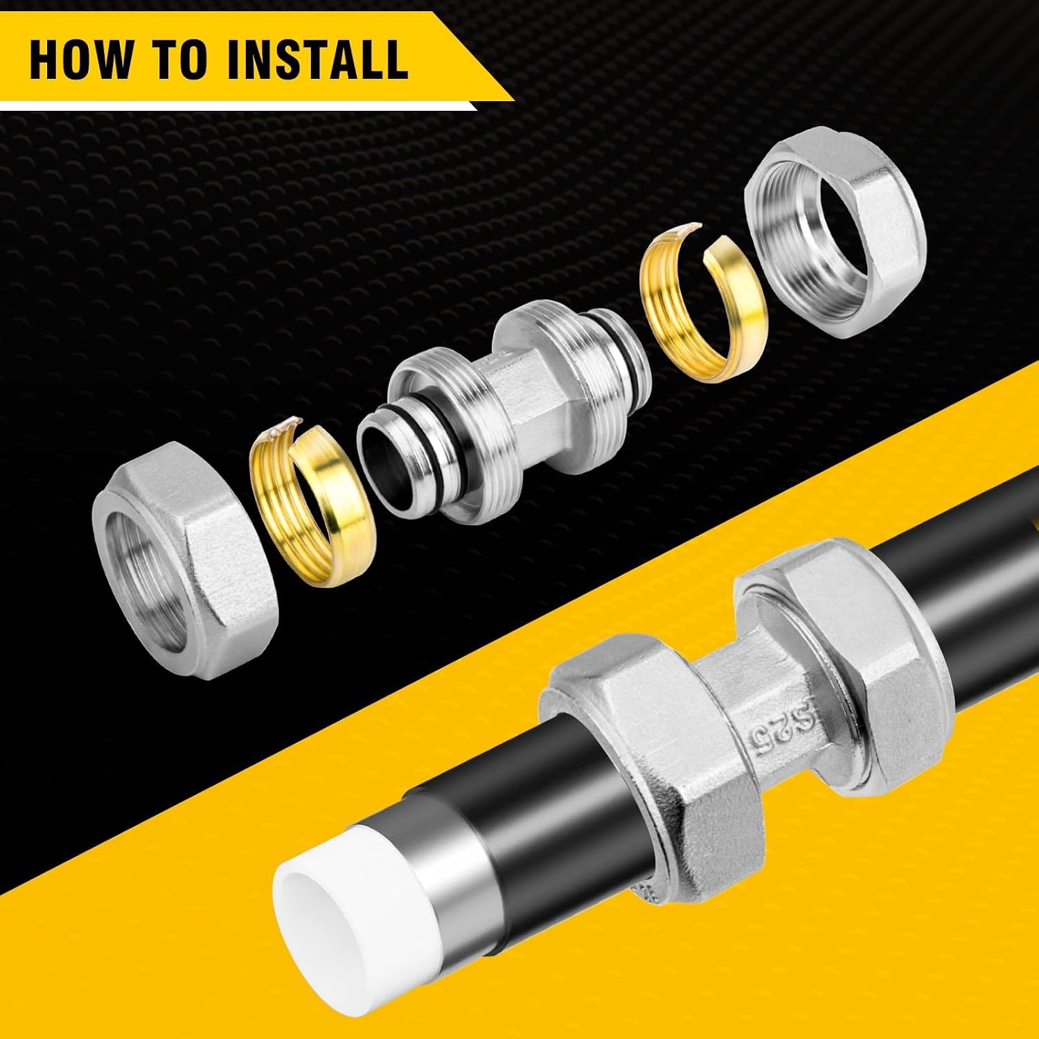 5 PCS 3/4’’ Union Compressed Air Line Fittings, 3/4’’ x 3/4’’ Piping, Brass-Nickel Plated, 200PSI Working Pressure, Air Piping Fittings for Shop Garage Compressed Air Tube System