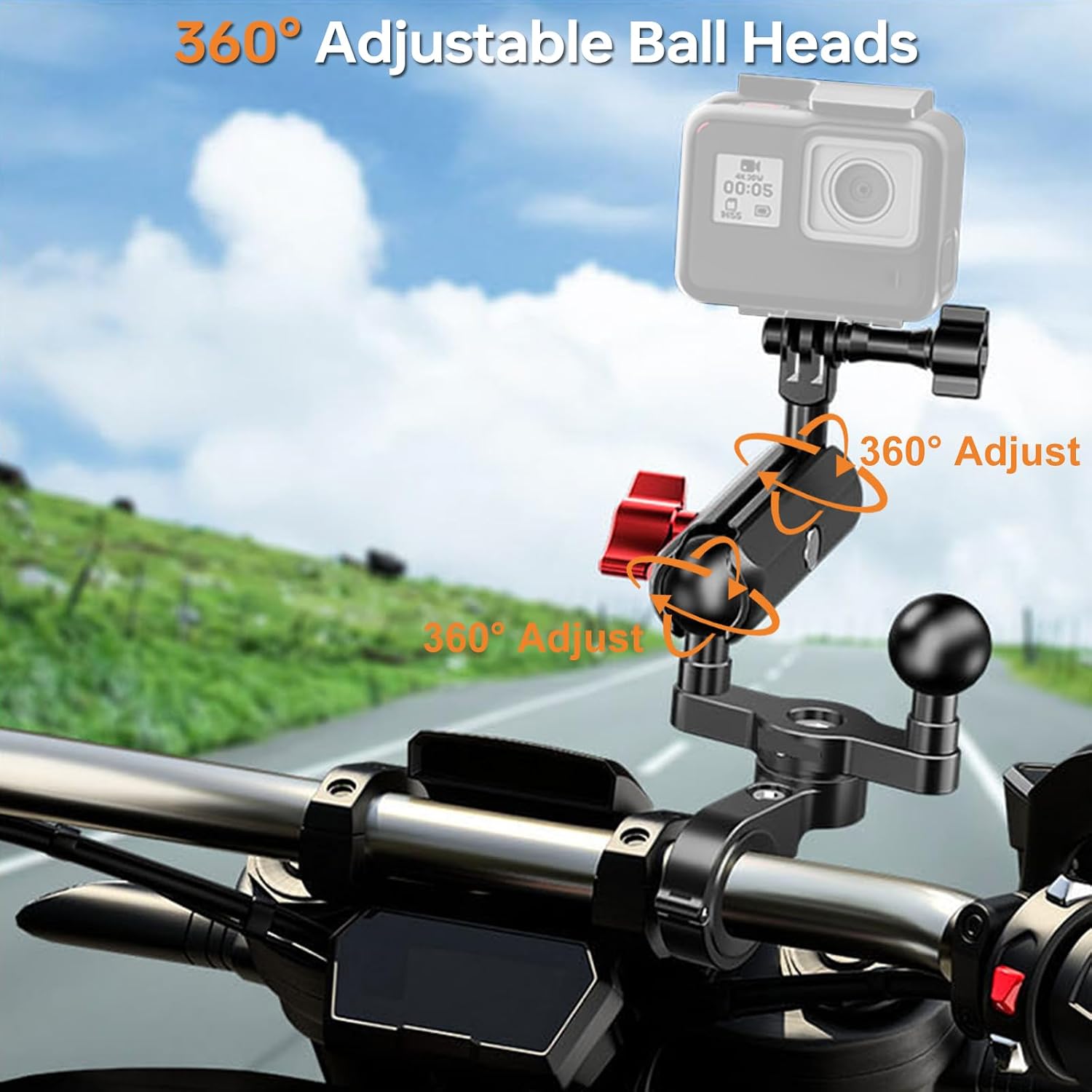 Motorcycle Handlebar Clamp Kit for Camera, 360°Adjust Dual Ball Head Mount with Double Socket Arm, 1/4" Screw Tripod Mount Adapter for Insta36O X5 X4 X3/DJl Osm0 Pocket 3/G0pr0, JC015