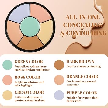 6-in-1 Concealer and Colour Corrector Palette with Precision Brush | Blendable cream, full coverage for dark circles and blemishes, waterproof finish, for contouring and everyday makeup