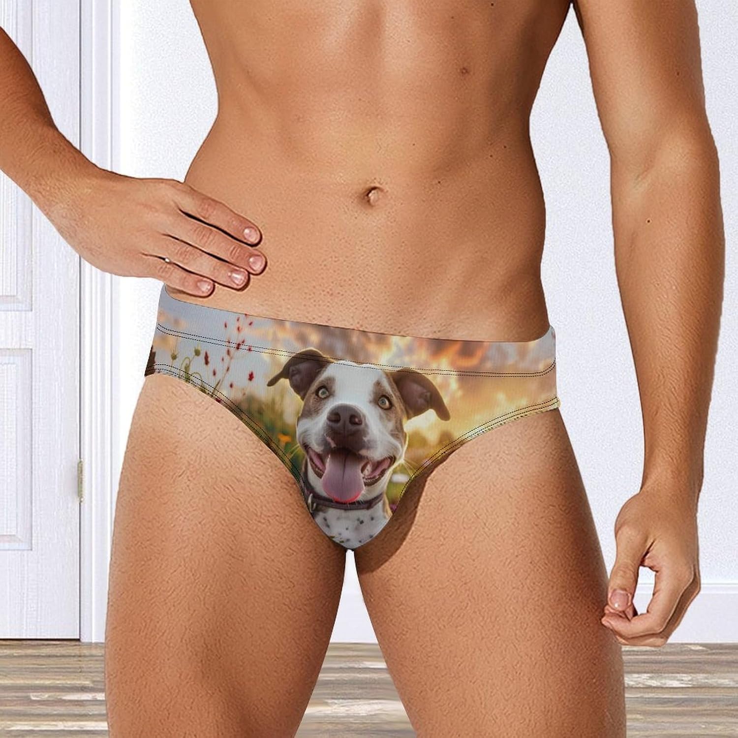 Pit-Bull Dog Flowers Novelty Men's Brief Swimwear Pants Swimming Trunks Beach Shorts Underwear