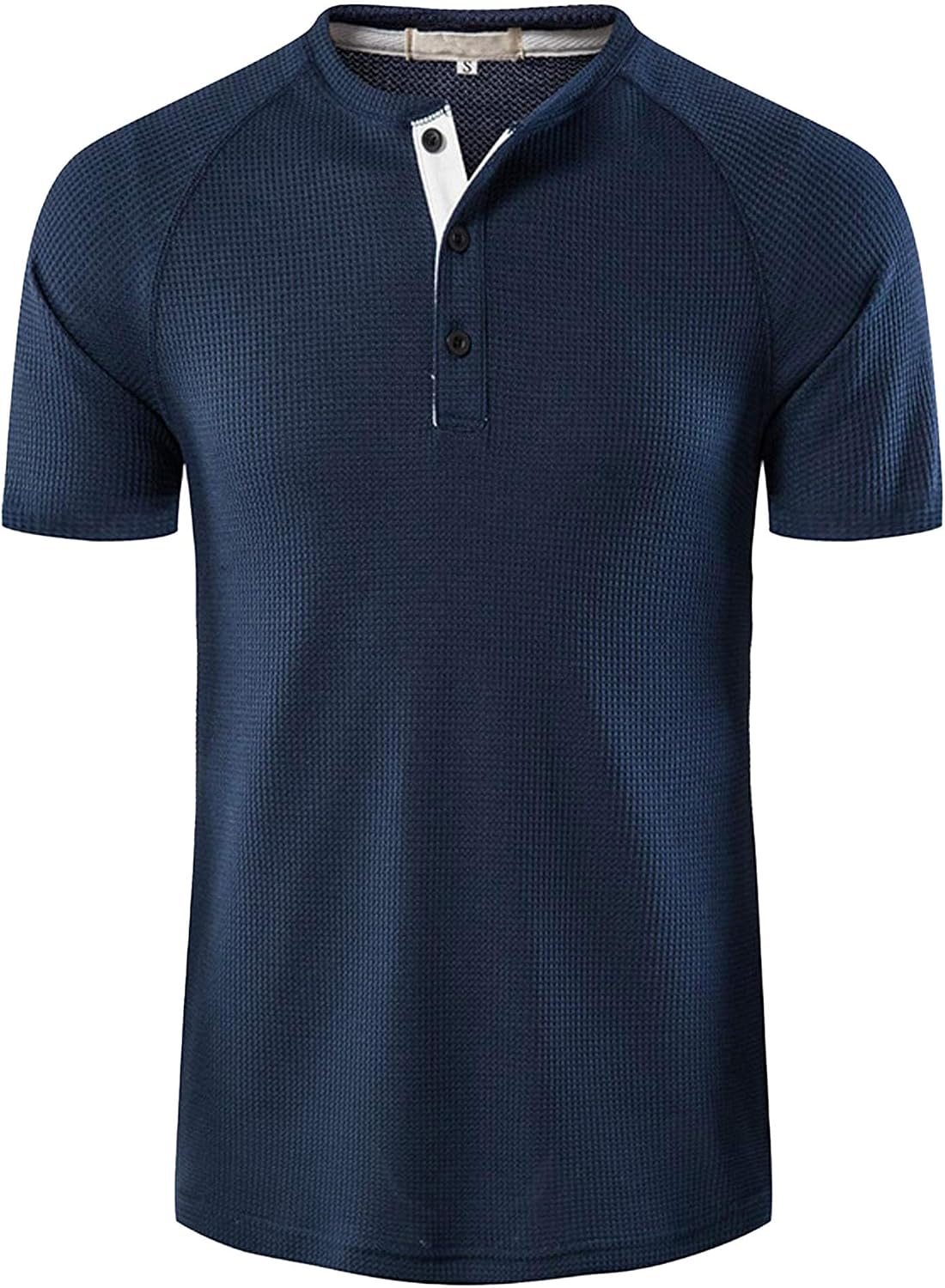 Men Round Neck Short Sleeve Henry Shirt Quarter Button Waffle T Shirt Summer Classic Solid Comfortable Pullover