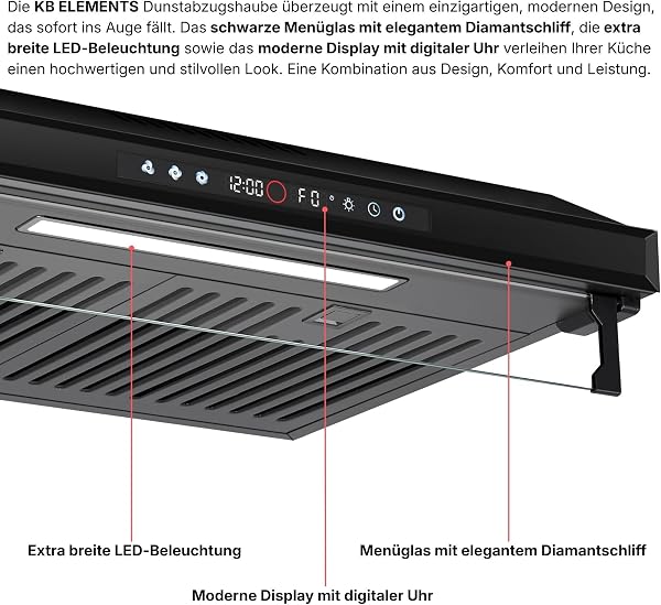KB ELEMENTS Dunstabzugshaube 60cm unterbau, Umluft/Abluft Dunstabzugshaube mit 650m³/h starke Saugleistung, Doppelter Motor, Touch-Gestensteuerung, Multifunktionales Touch Display - 5