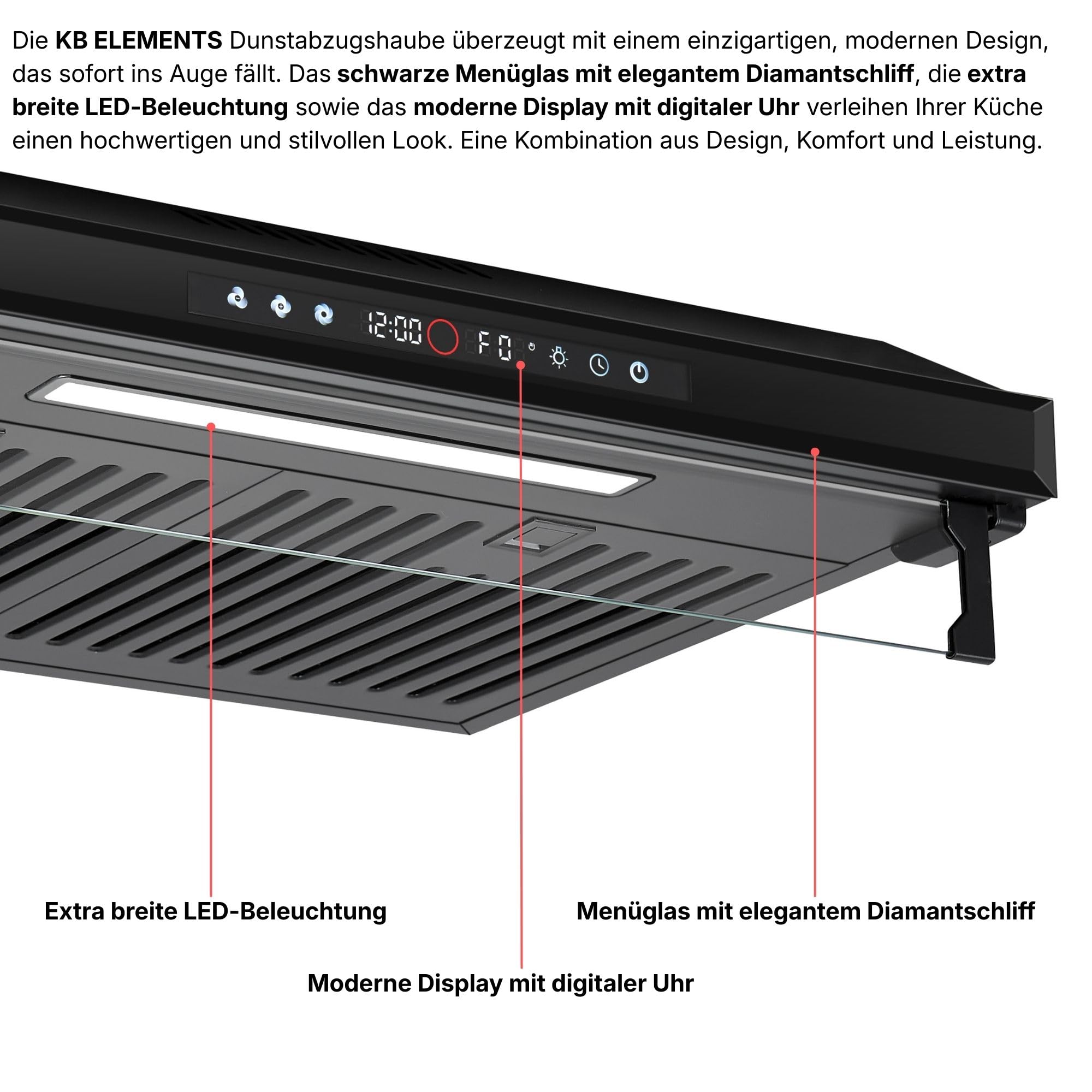 Dunstabzugshaube 60cm Unterbau Umluft/Abluft 650m³/h starke Saugleistung Doppelter Motor Touch-Gestensteuerung Multifunktionales Touch Display