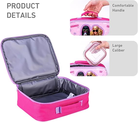 Zawadi Global Barbie Rectangular Insulated Lunch Box Bag for Boys and Girls, Perfect Size for Packing Hot or Cold Snacks for School and Travel, BPA Free