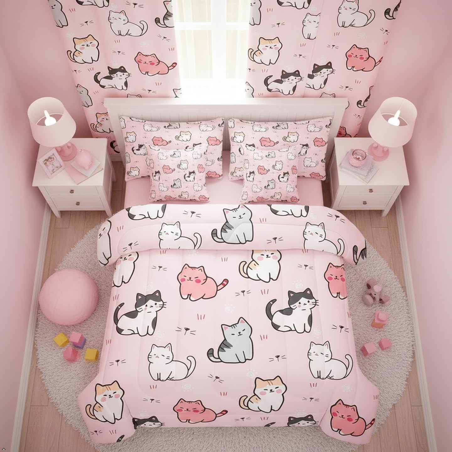 Erosebridal Cute Cat Curtains(38x54, 2 Panels) and 7 Pieces Comforter Set with Sheets(Full)