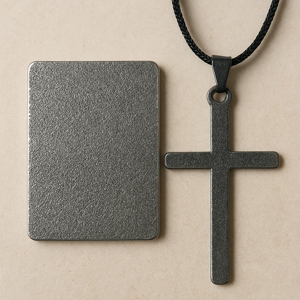| Holy Water Cross Necklace | Raw Steel Crucifix Pendant | Waterjet Cut with River Jordan Holy Water | Christian Jewelry for Women & Men | Religious Gift | Easter | Christmas | Baptism | Confirmation | Communion