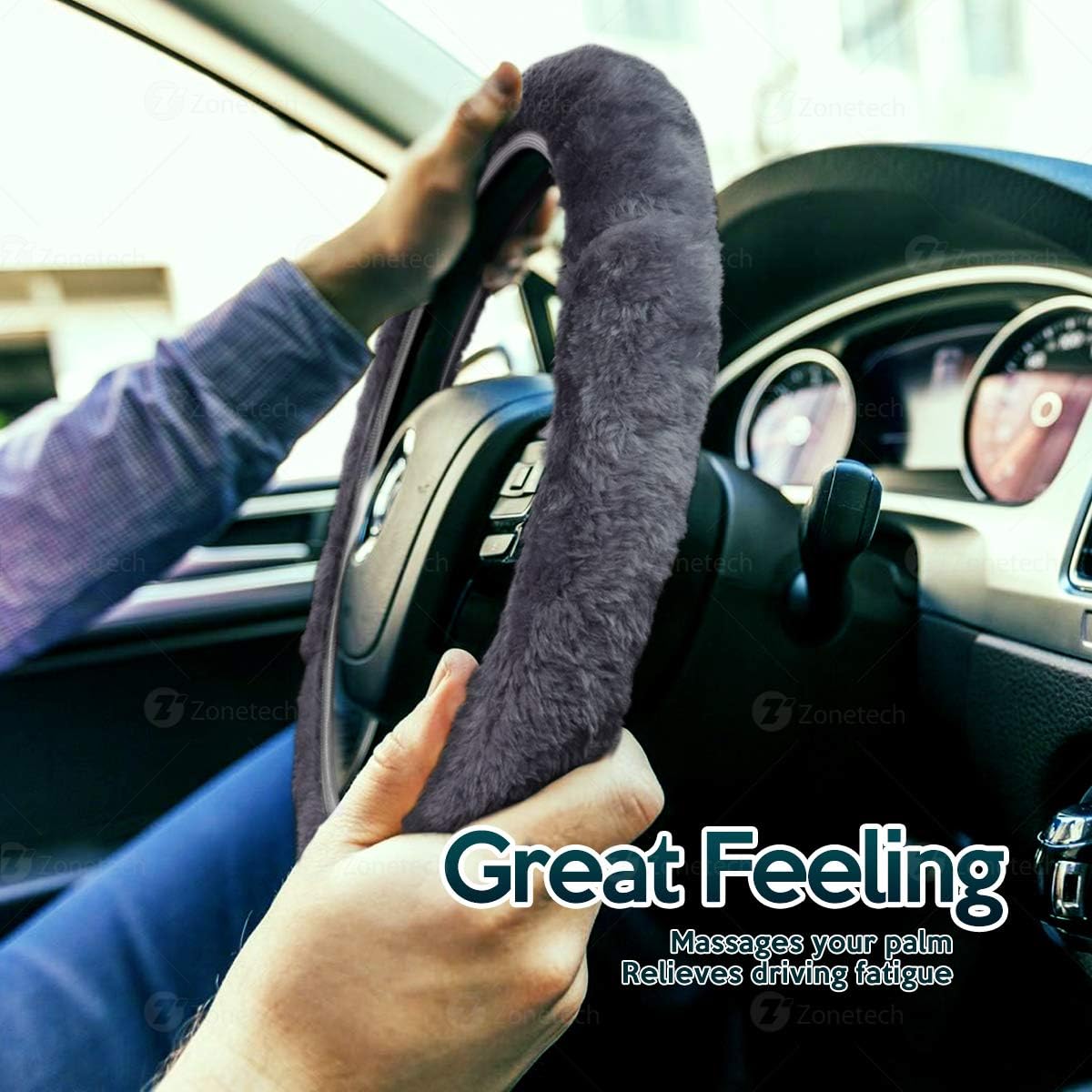 Zone Tech Car Steering Wheel Cover–Classic Grey Anti-Slip Comfortable Winter Warm Stretch On Steering Wheel Cover Car Wheel Protector