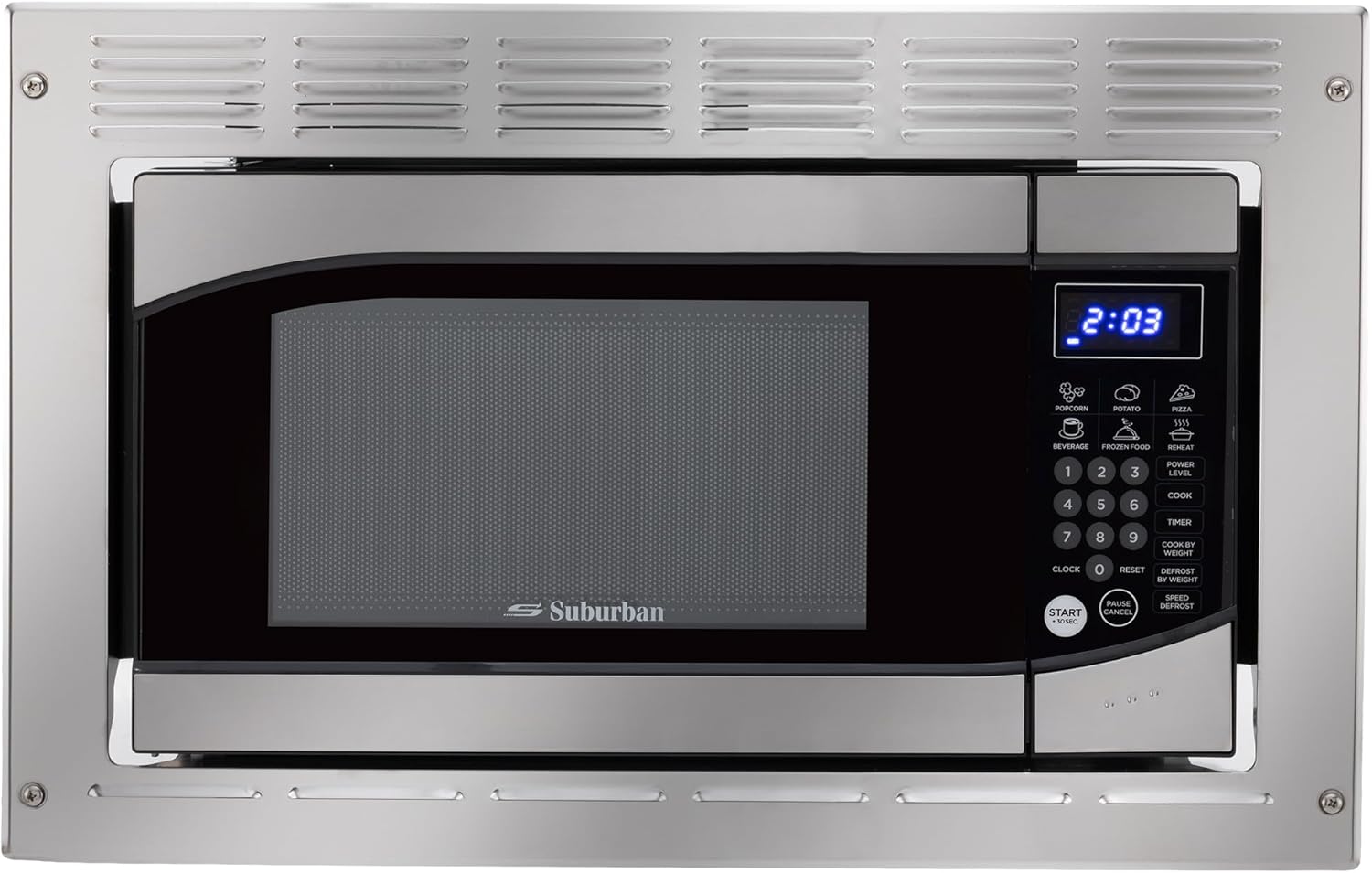 RecPro Suburban RV Built-In Microwave Oven 0.9 Cu. Ft. Stainless Steel with Trim Kit 900W Output | Touchpad Controls, Auto Cook & Quick Start | Compact Microwave for RVs and Campers