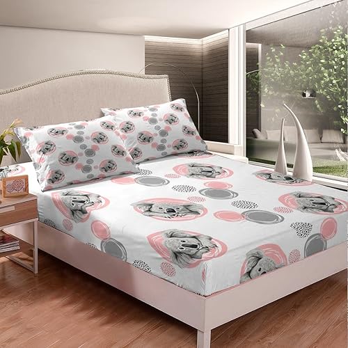 Miniatura 3 de Erosebridal Juego de sábanas lindas de koala para niños, sábana bajera ajustable kawaii koalas tamaño individual con puntos grises y rosados, funda