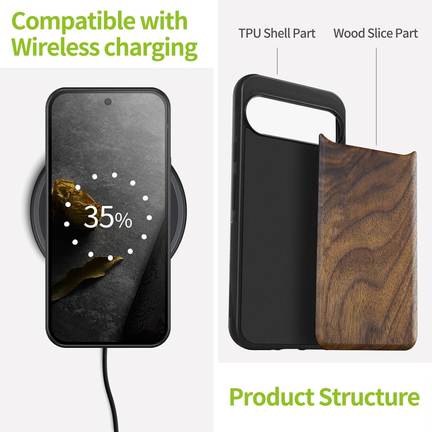 Carveit Wood Case for Pixel 9 Pro Case [Natural Wood & Black Soft TPU] Shockproof Protective Unique Wooden Cover Compatible with Google Pixel 9 Pro (Natural-Walnut)