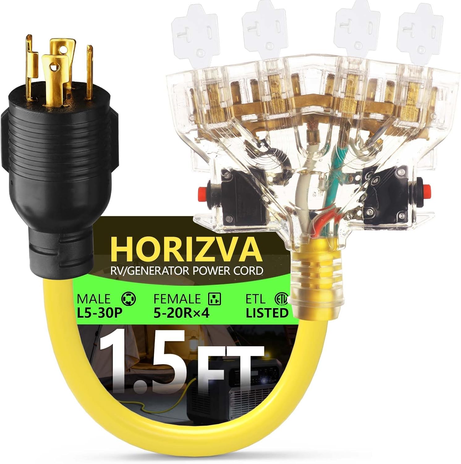 30 Amp to 20 Amp Adapter, 5FT 4 Prong Locking L14-30P to 3X 5-20R/5-15R Adapter with Circuit Breaker, 10/4 AWG Generator Cord 125/250V Max 7500 Watts, ETL Listed