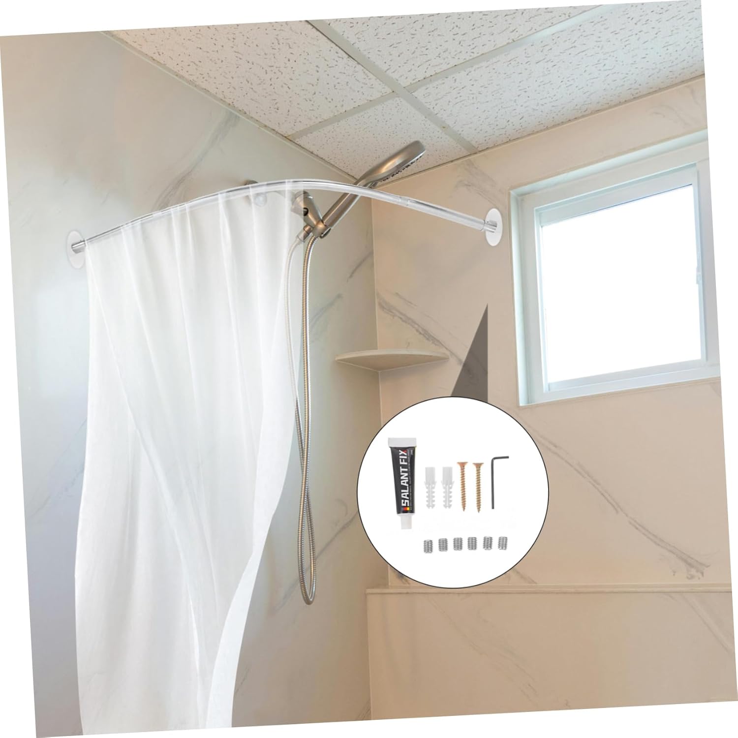 Telescoping Shower Rod Adjustable Curved Bathroom Curtain Pole Easy to Install Rustproof Non-slip No Drilling Required Suitable for Bathtubs and Showers