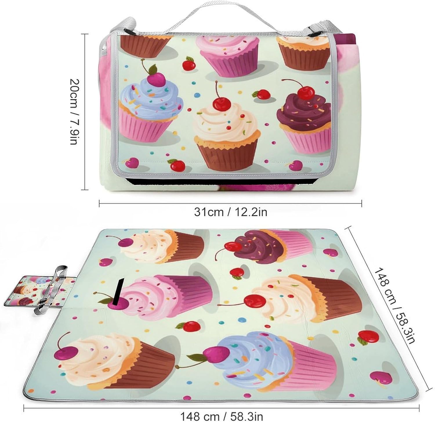 Outdoor Picnic Blanket Extra Large Beach Blanket Waterproof Picnic Mat Delicious Cupcakes Camping Blanket Portable with Carry Strap Park Blanket for Grass Camping Park