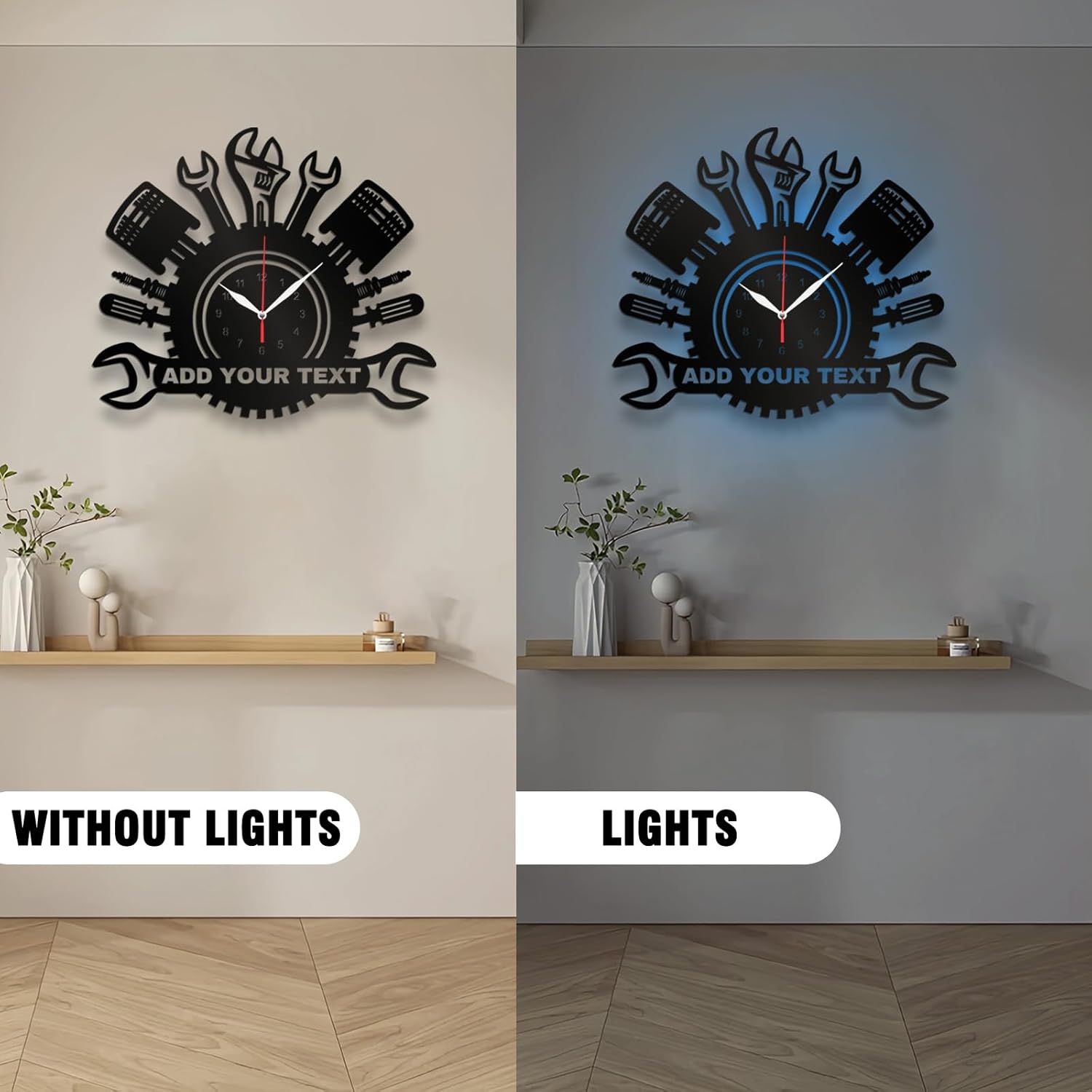 Personalized Garage Clock Sign, Garage Metal Wall Clock, Car Repair Tools Wall Clock with Colorful Light, Custom Warehouse/Toolroom Clock with Name, Workshop Decor