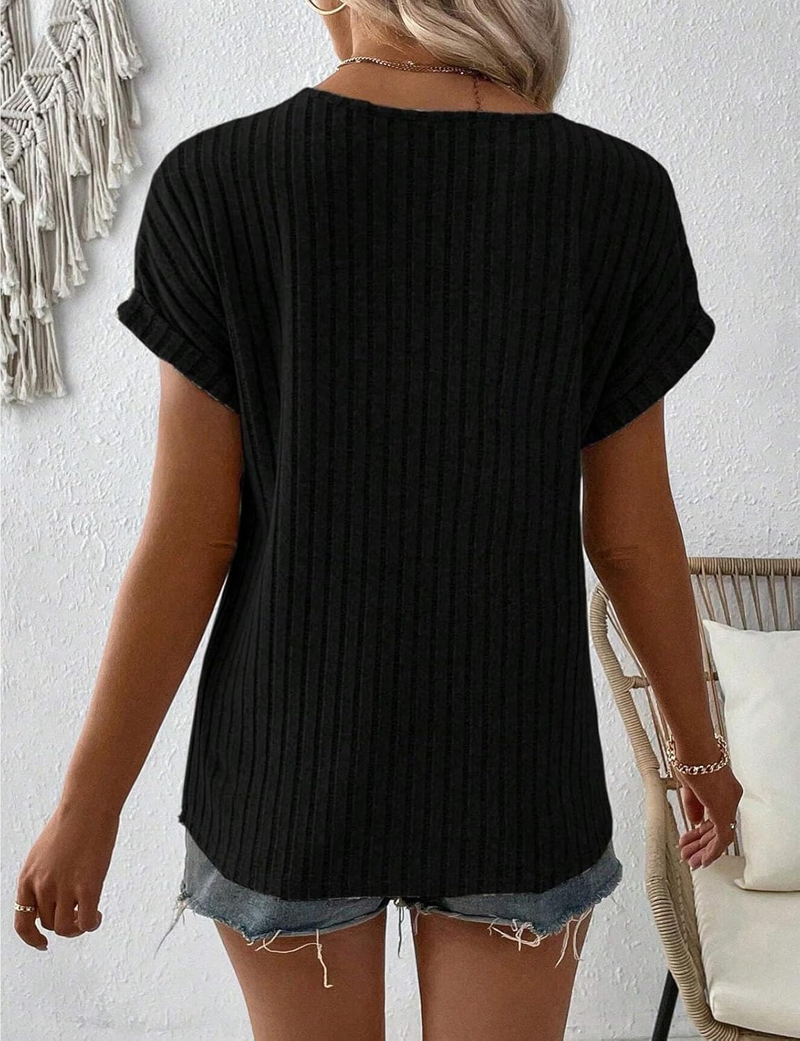 LURANEE Summer Shirts for Women, Cute Casual Top Pullover Dolman Short Sleeve Soft Sweater V Neck Blouses Trendy 2025 Vacation Knit Basic Tee Black Small - Image 5