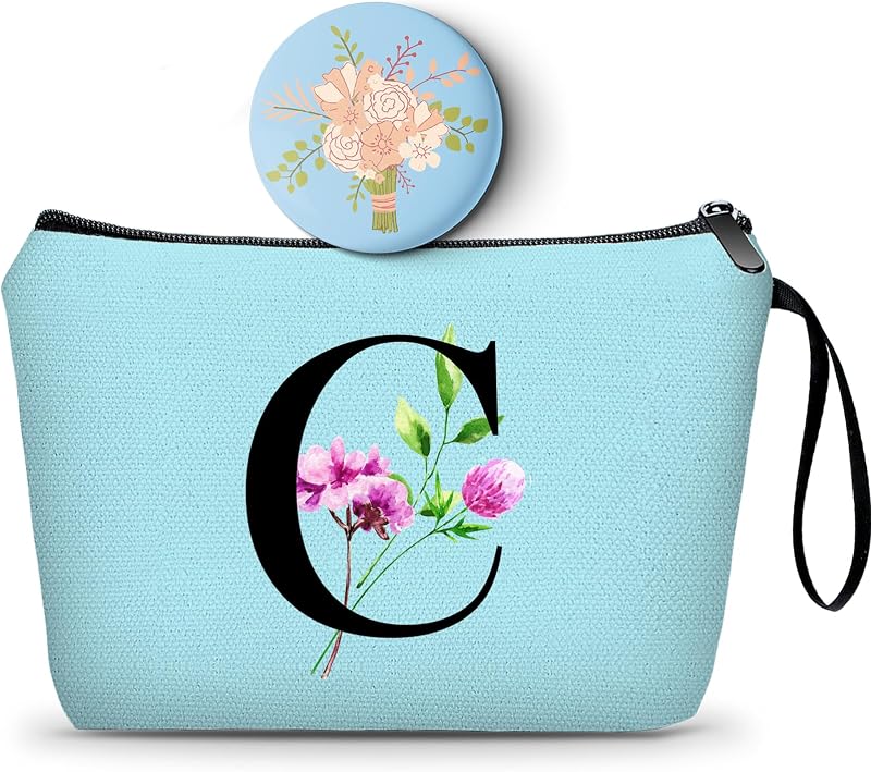 SEAMOON Necessaire de maquiagem azul com espelho e inicial C