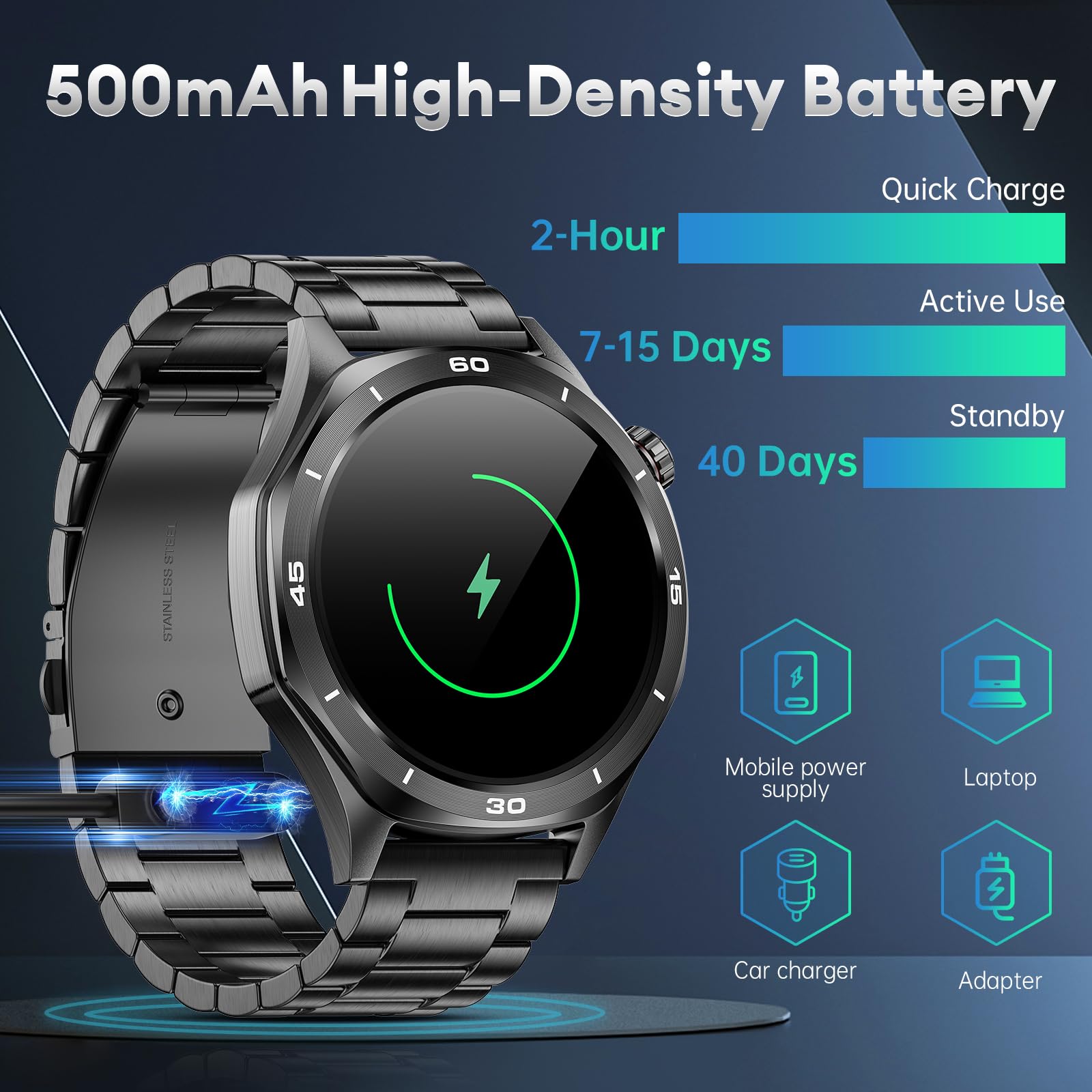Męski smartwatch wojskowy 1,52" HD, wytrzymały smartwatch fitness z długą baterią 500 mAh, wodoszczelność IP68, 120 trybów sportowych, pulsometr, SpO2 / monitor snu, 2 paski do Android iOS